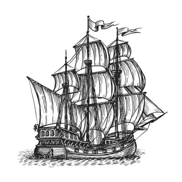 Ručně Kreslené Retro Plachetnice Moři Skica Ručně Kreslená Vektorová Ilustrace — Stockový vektor