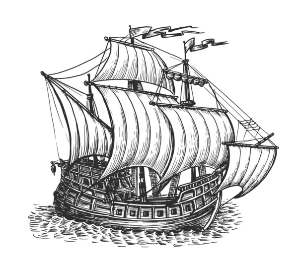 Croquis Voile Vieux Bateau Vectoriel Illustration Navire Mer Dessiné Main — Image vectorielle