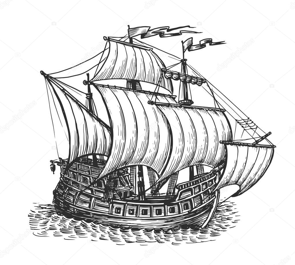 Sketch sailing old ship vector illustration. Sea vessel hand drawn in vintage engraving style