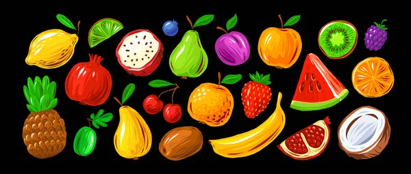 Fruits Set Cartoon Style Organic Farm Food Concept Colorful Vector — ストックベクタ