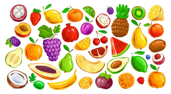 Set Colorful Fruits Berries Isolated White Background Farm Organic Food — Stock Vector