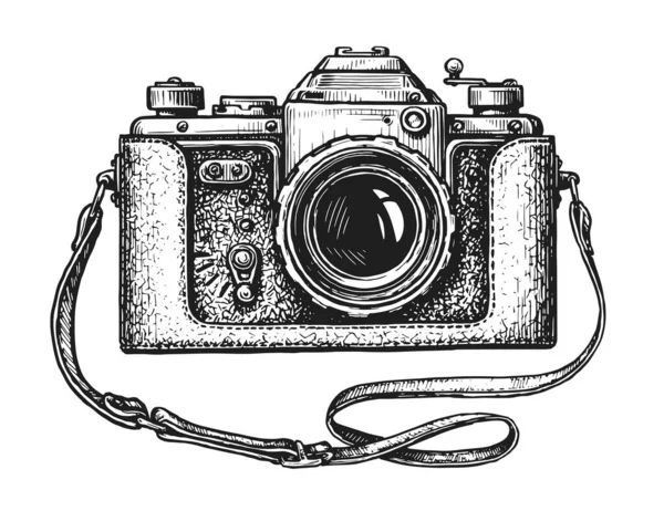 Handgetekende Retro Camera Vintage Vector Illustratie Schets Graveerstijl — Stockvector