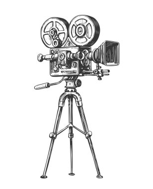 Tripodlarda film olan Retro film kamerası. El yapımı video kamera. Vintage vektör illüstrasyonu