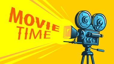 Sinema filmi poster tasarımı. Film Zamanı pankartı taşıyıcısı. Retro film kamera arkaplanı