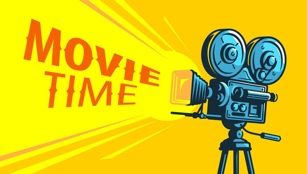 Cinema movie poster design. MOVIE TIME banner vector. Retro film camera background