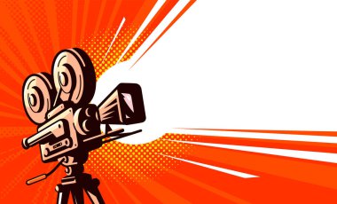 Işıklı film kamerası. Video projektörü, sinema afişi. Vektör illüstrasyonu