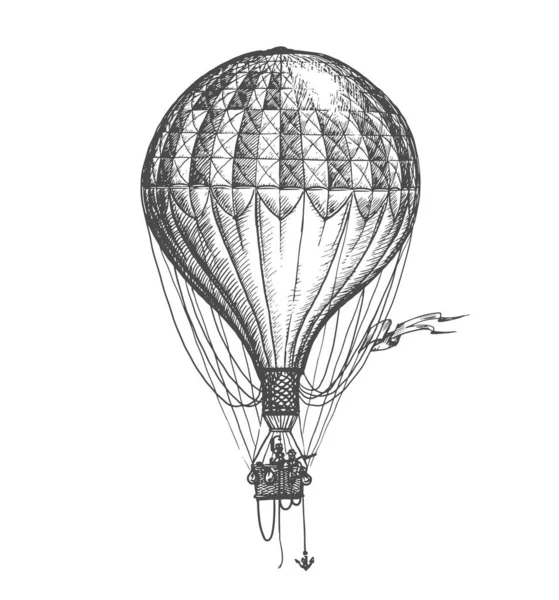 Aerostat Çizimi Retro Sıcak Hava Balonlu Klasik Oymacılık Tarzıyla Çizilmiş — Stok Vektör
