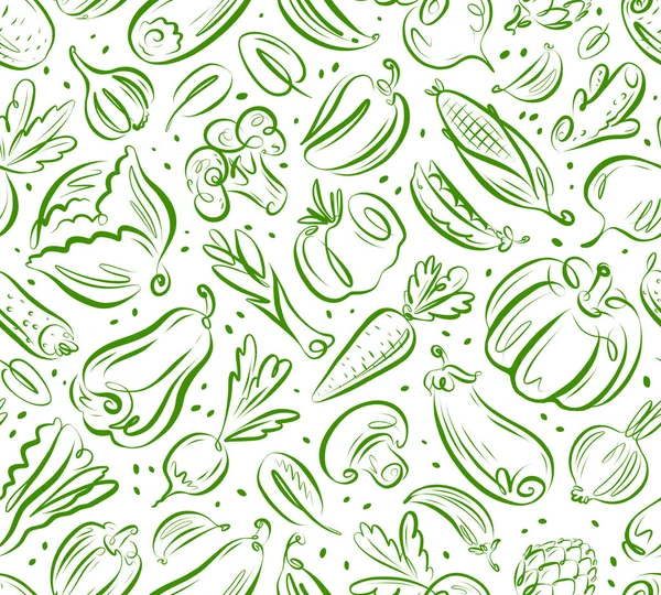 新鮮な野菜のシームレスなパターン ベジタリアンの健康的な農場有機食品の背景 輪郭ベクトル描画 — ストックベクタ