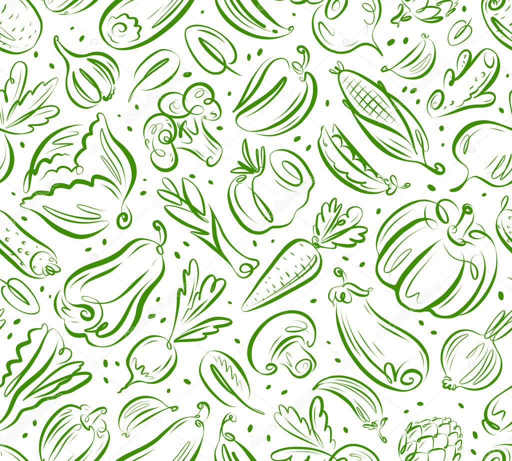 Fresh vegetables seamless pattern. Vegetarian healthy farm organic food background. Contour vector drawing