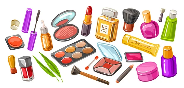 Conjunto Produtos Maquiagem Escovas Ferramentas Conceito Salão Beleza Cosméticos Ilustração —  Vetores de Stock