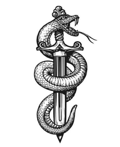 Ręcznie Rysowany Wąż Owinięty Wokół Sztyletu Ilustracja Wektor Tatuażu Stylu — Wektor stockowy