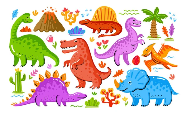 Set Cute Colored Dinosaurs Funny Animals Concept Vector Illustration Cartoon — Stock Vector