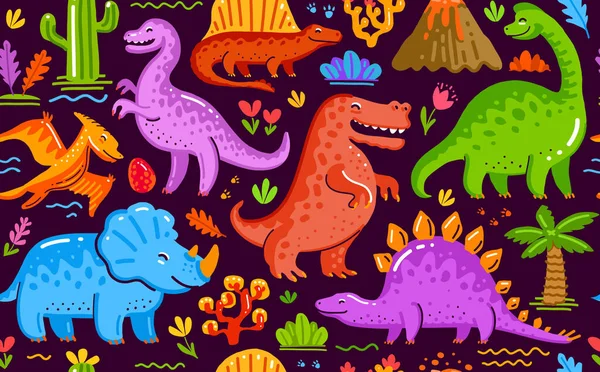 Śmieszne Dinozaury Płynne Tło Prehistoryczne Zwierzęta Jasny Wzór Dziecinnie Słodkie — Wektor stockowy