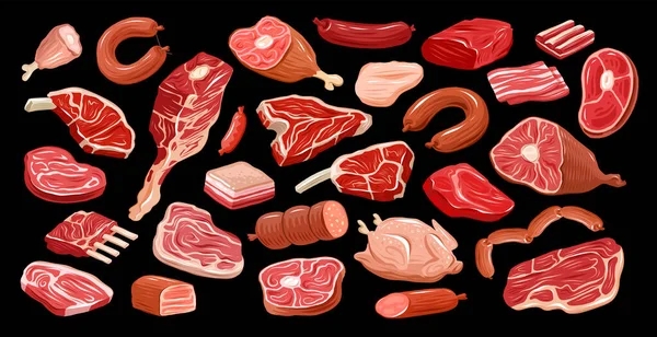 肉品店菜单设计设置的肉品 农场有机食品收集媒介说明 — 图库矢量图片