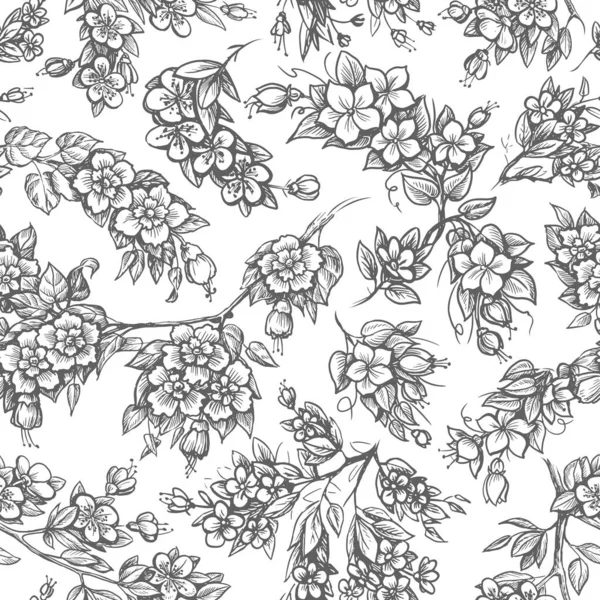 Motif Floral Sans Couture Fleurs Fond Dessiné Dans Style Gravure — Image vectorielle