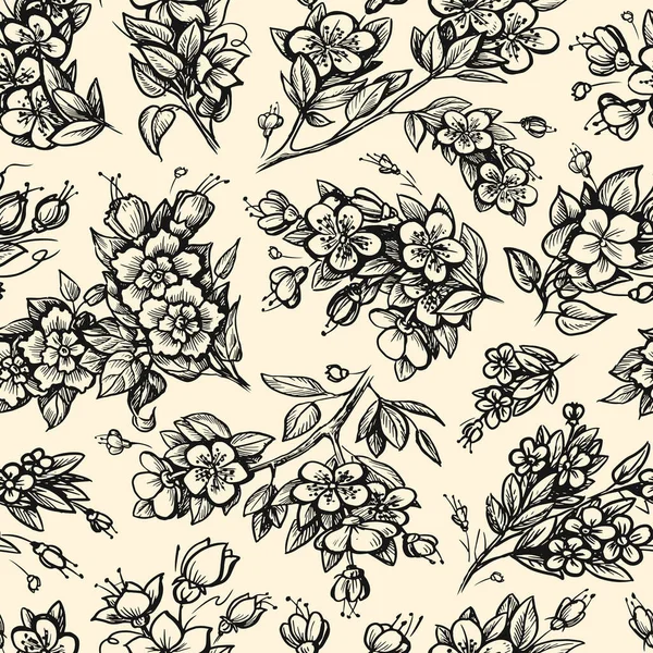 Vintage Motif Floral Sans Couture Fleurs Avec Feuilles Illustration Vectorielle — Image vectorielle