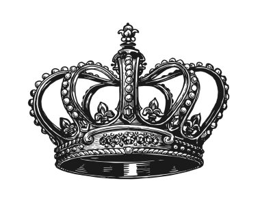 King Crown vektör çizimi. Beyaz üzerine çizilmiş gücün kraliyet sembolü. Klasik oymalı illüstrasyon