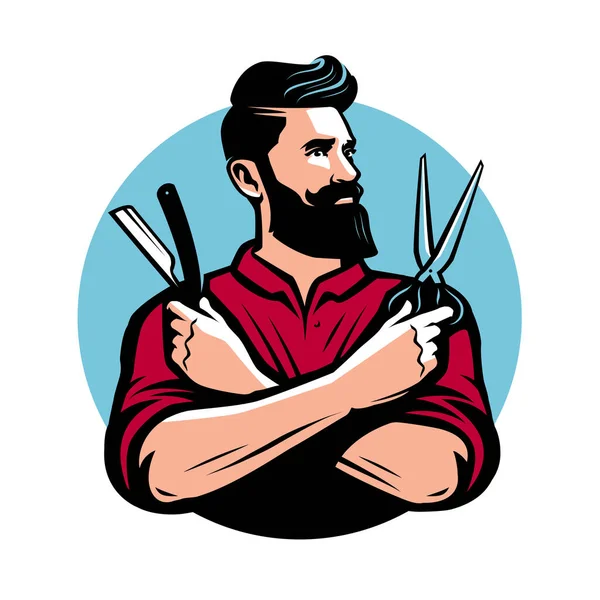 理发师带着理发店的工具 剪刀和剃须刀 留着胡子的男人 理发店标志 徽章的设计元素 — 图库矢量图片