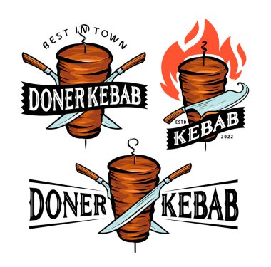 Kebap logosu. Türk lokantası, barbekü ya da mangal barı, shawarma amblemi. Izgara et sembolü ile dönen tükürük