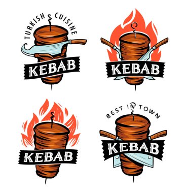 Bıçaklı Doner Kebap. Türk ve Arap fast food restoranlarının etiketleri. Kızarmış et logosuyla dönen tükürük