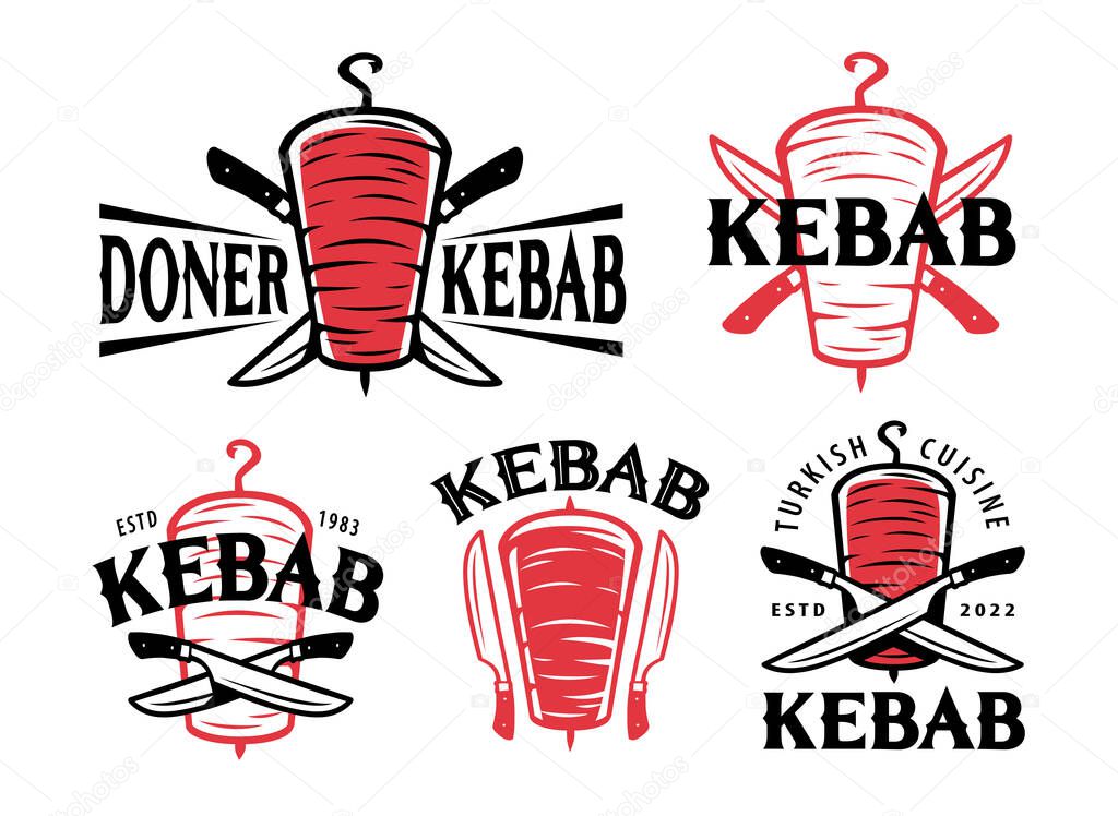 Doner Kebab logo. Turkish and Arabic fast food restaurant label set vector