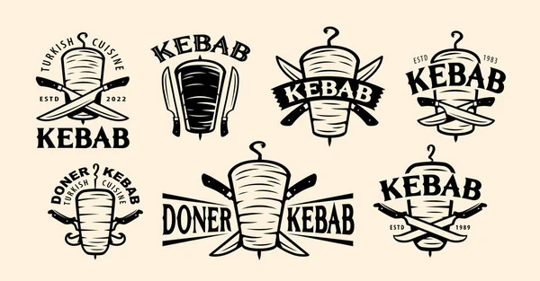 Conjunto Crachás Doner Kebab Etiquetas Fast Food Emblemas Logotipo Shashlik — Vetor de Stock