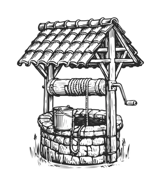 Puits Pierre Rustique Avec Seau Eau Potable Esquisse Dessinée Main — Image vectorielle