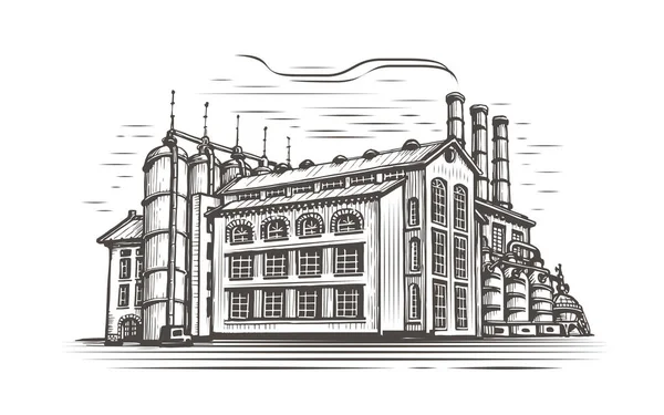 Βιομηχανικό Σχέδιο Εργοστασίου Vintage Κτίριο Κατασκευής Στυλ Της Παλιάς Χαρακτικής — Διανυσματικό Αρχείο