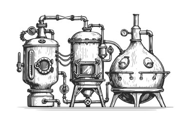 Industrial equipment from copper tanks for distillation of alcohol. Distillery, distillation vintage vector clipart