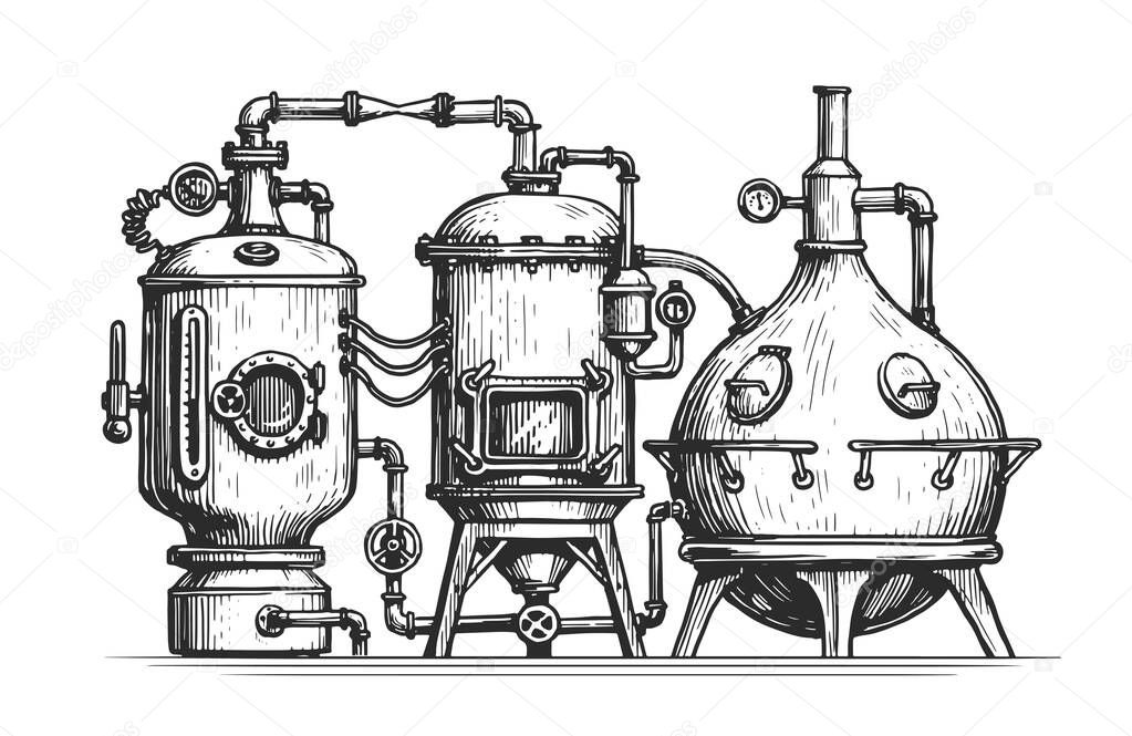 Industrial equipment from copper tanks for distillation of alcohol. Distillery, distillation vintage vector