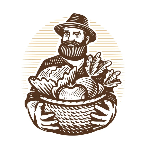 Elderly Male Farmer Holding Basket Various Vegetables Vintage Engraving Style — Vector de stock