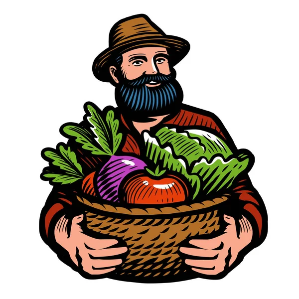 新鮮な野菜でいっぱいのファーマーズ ホールディング バスケット 有機食品の紋章 漫画ベクトルイラスト — ストックベクタ