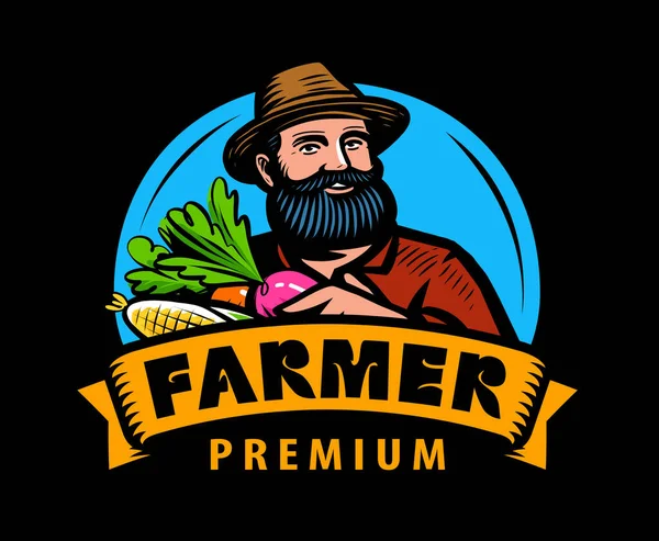 戴着印有蔬菜标识的帽子的快乐农民 农业标志 卡通矢量图解 — 图库矢量图片
