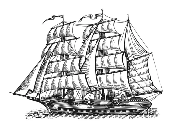 波のスケッチにヴィンテージ古い帆船 彫刻スタイルで白い背景に孤立帆と海の輸送 — ストックベクタ