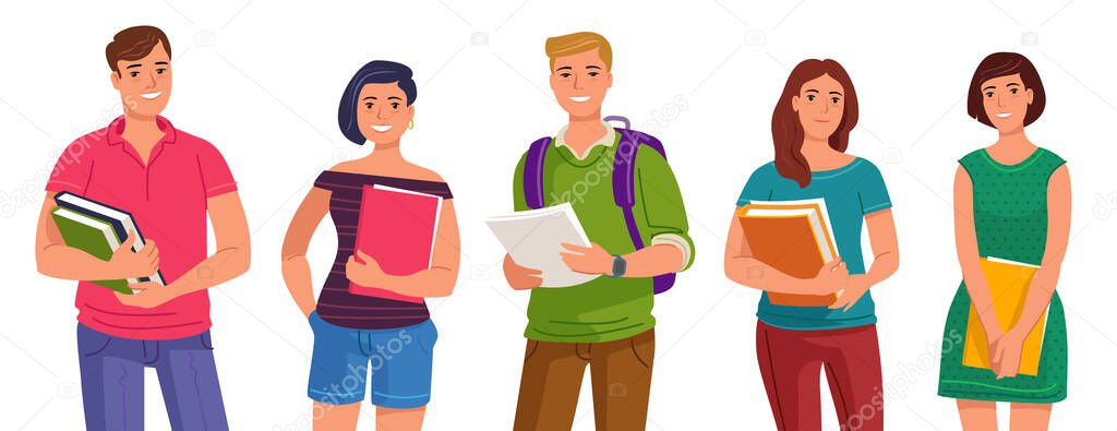 Students with textbooks and notebooks set. Back to school, college life, study process concept. Education flat cartoon