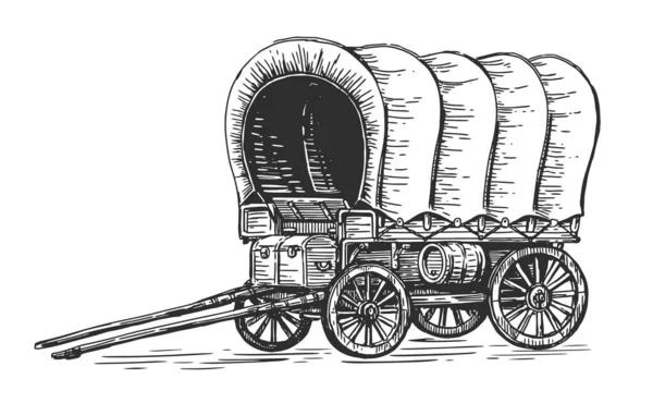 覆盖的大篷车 旧式运输旧式运输草图 狂野的西方概念以雕刻风格描绘 矢量说明 — 图库矢量图片