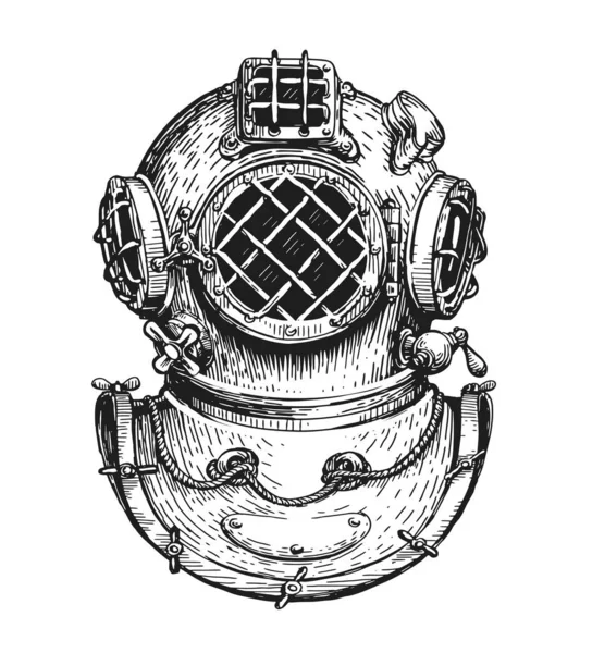 老式潜水头盔草图 海洋潜水概念 以旧版版画风格绘制的航行矢量图解 — 图库矢量图片
