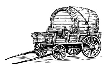 Wooden barrel on wagon cart for label or poster. Hand drawn sketch vintage vector illustration in engraved style clipart