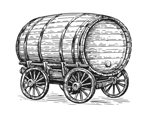 Ξύλινο Βαρέλι Κρασί Μπύρα Παλιό Τροχοφόρο Βαγόνι Έννοια Του Οινοποιείου — Διανυσματικό Αρχείο