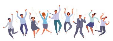 Teamwork success. Happy jumping business people in office clothes in cartoon flat style. Company concept vector