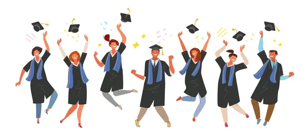 Radostní Absolventi Maturitních Šatech Odhazují Klobouky Šťastní Studenti Skákají Baví — Stockový vektor
