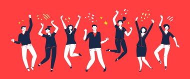 Parti insanları. Mutlu grup erkekleri ve kadınları, arkadaşlar eğlenir ve sevinir. Doğum günü, tatil etkinliği konsepti. Çizgi film vektörü