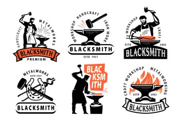 Blacksmith and Metalworks badge set. Labels Blacksmith and workshop, hammer and anvil emblem illustration clipart