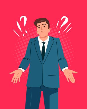 Confused men in doubts and thoughts. Puzzled pensive businessman and question mark. Business concept vector