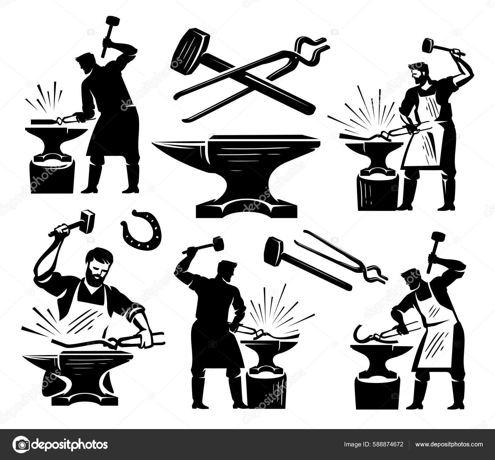 Blacksmith Craft Concept Workshop Metal Work Vector Illustration Tools  Hammer stockvektor © sergeypykhonin #588874672, image size:1600x1487