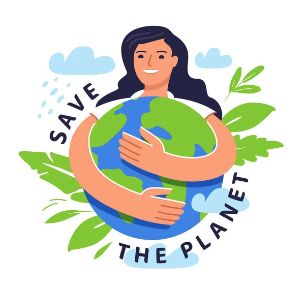 Girl Holding Planet Hands Human Nature Ecology Planet Earth Concept — Stock Vector