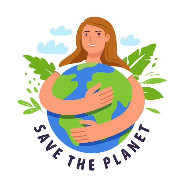 Young Woman Embracing Planet Earth Green Eco Energy Concept Protection — Stockvektor