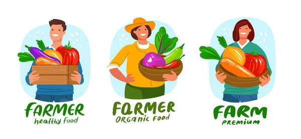 Landwirtschaft Und Landwirtschaft Emblem Vektorillustration Eines Landarbeiters Mit Gemüse Zeichnung — Stockvektor