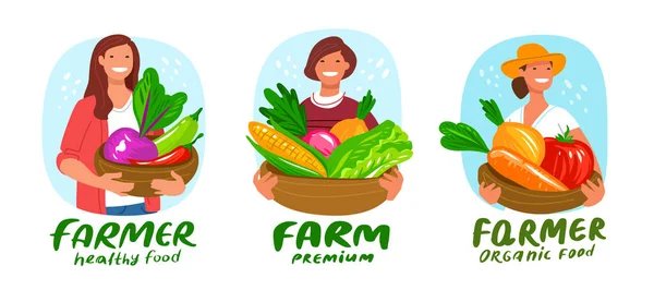 Farmer Woman Fresh Vegetable Farming Rural Life Gardening Agriculture Set — 스톡 벡터