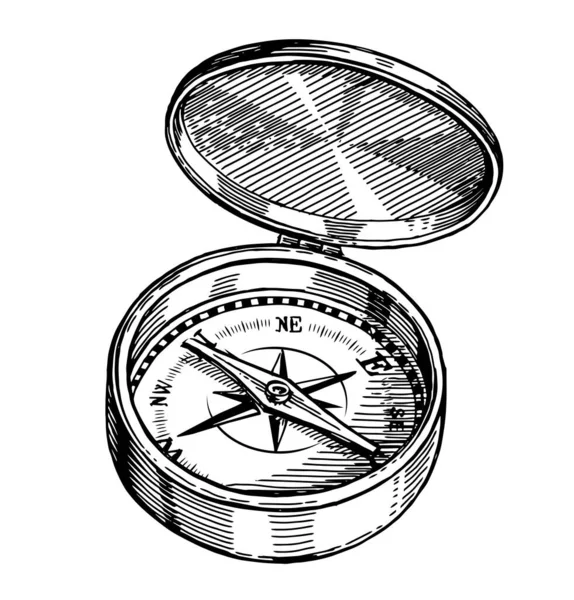 Compass Isolated Vintage Engraving Style Hand Drawn Sketch Vector Illustration — 图库矢量图片